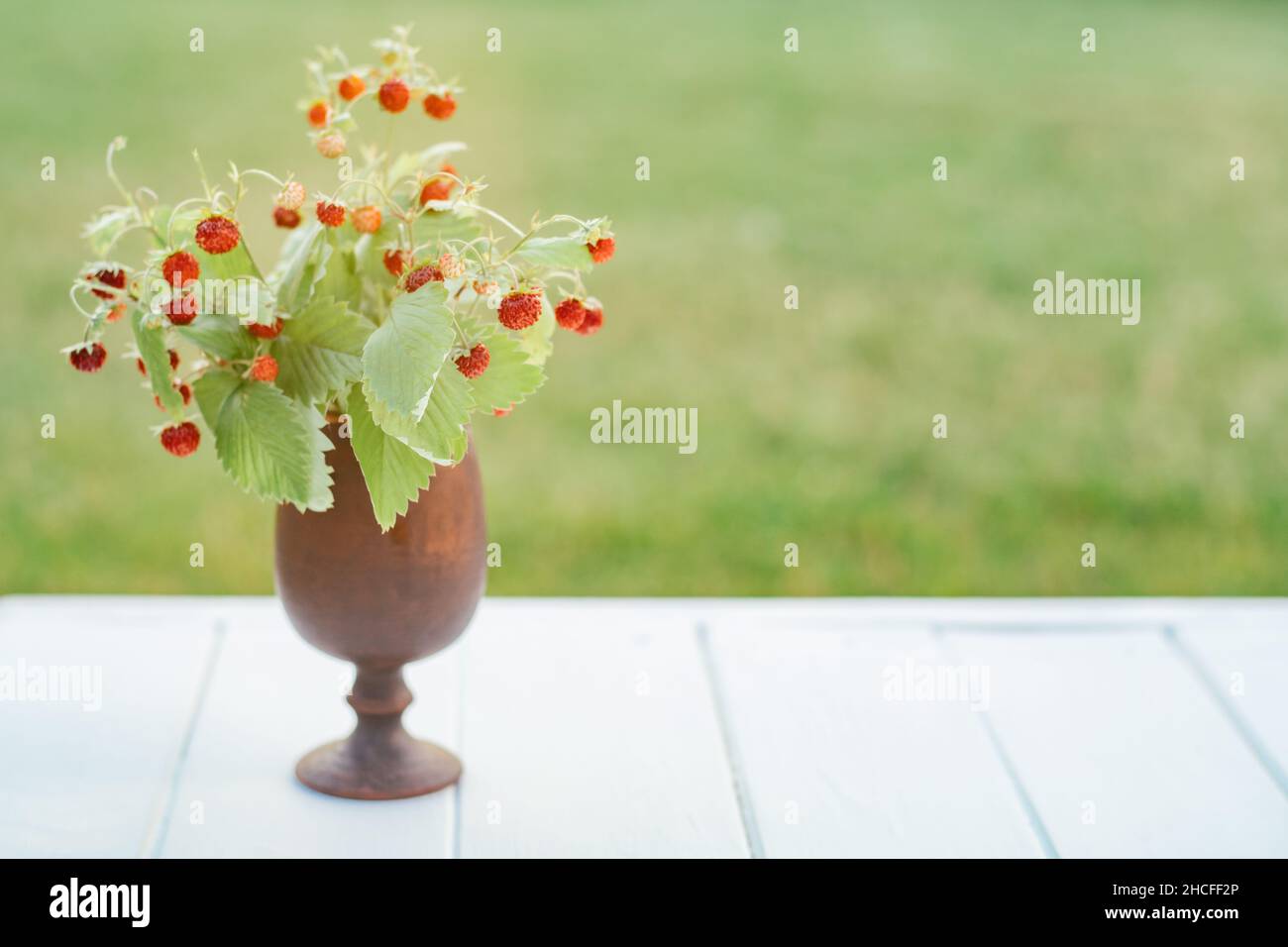 Brousse fraisier mûre fraîche avec feuilles vertes dans un vase brun argileux en forme de verre sur une table en bois blanc.Arrière-plan vert.Mise au point sélective. Banque D'Images