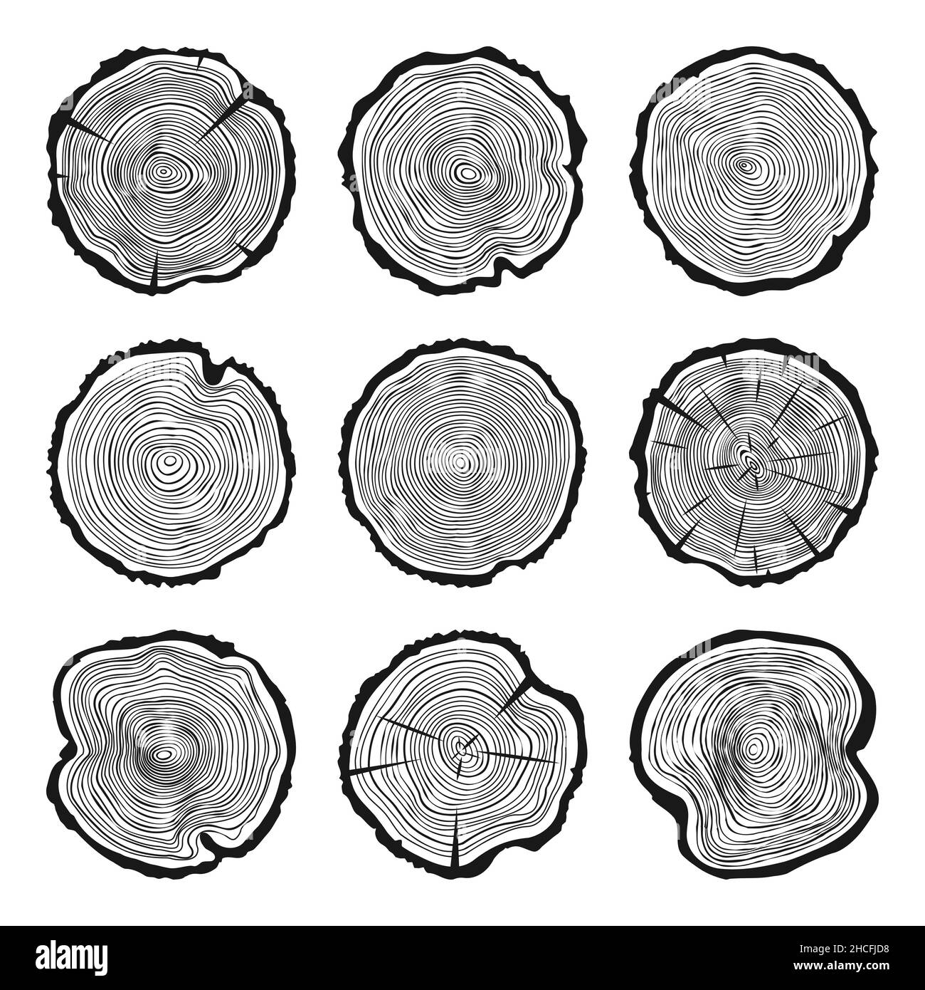 Troncs ronds d'arbre avec des fissures, des tranches de pin ou de chêne sciées, du bois.Bois scié, bois.Texture en bois avec anneaux.Esquisse dessinée à la main.Vecteur Illustration de Vecteur
