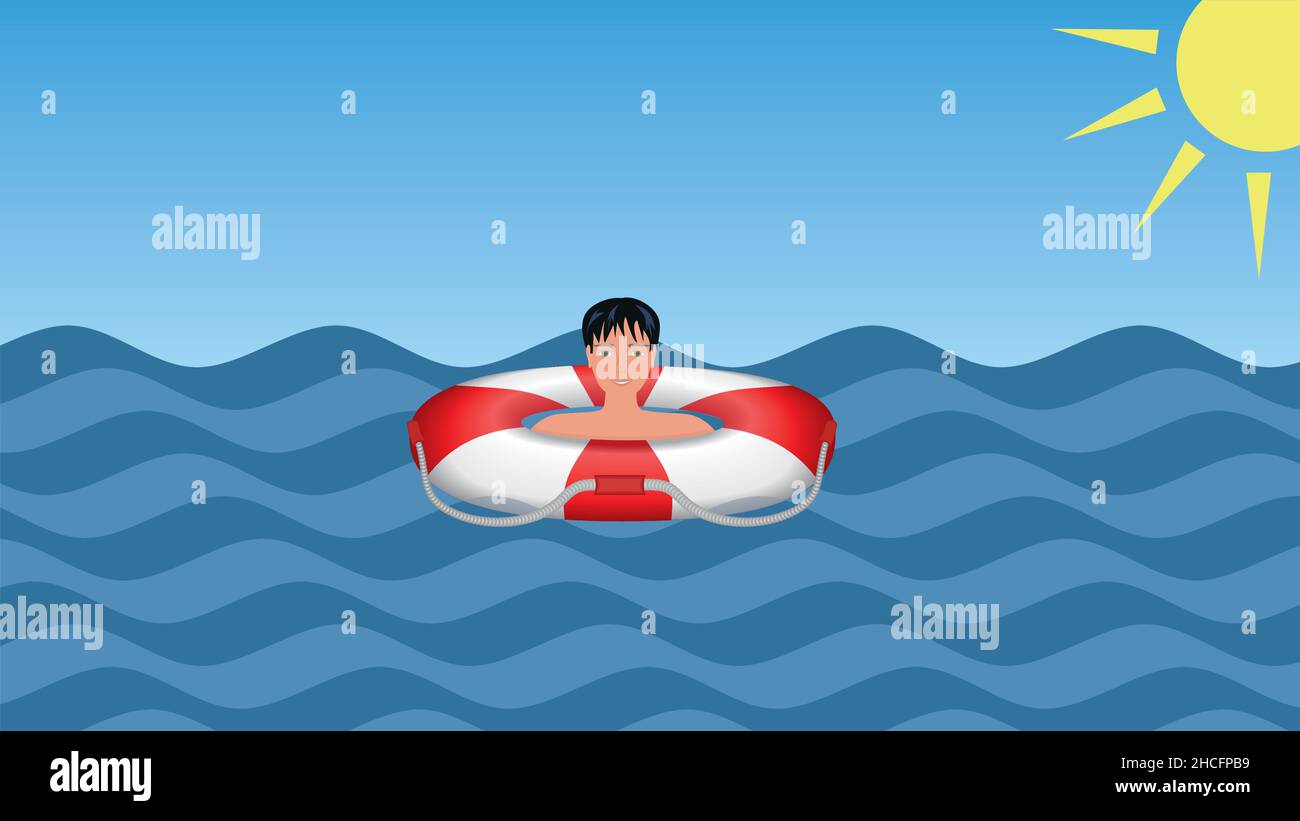 Sécurité.Homme flottant dans la bouée de sauvetage.Illustration vectorielle. Illustration de Vecteur