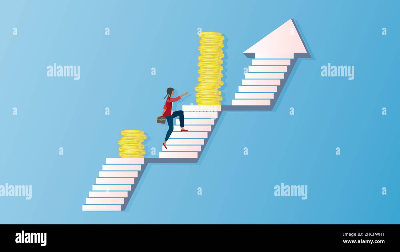 Femme grimpant plus haut pour gagner plus d'argent.Illustration vectorielle.Dimension 16:9.EPS10. Illustration de Vecteur