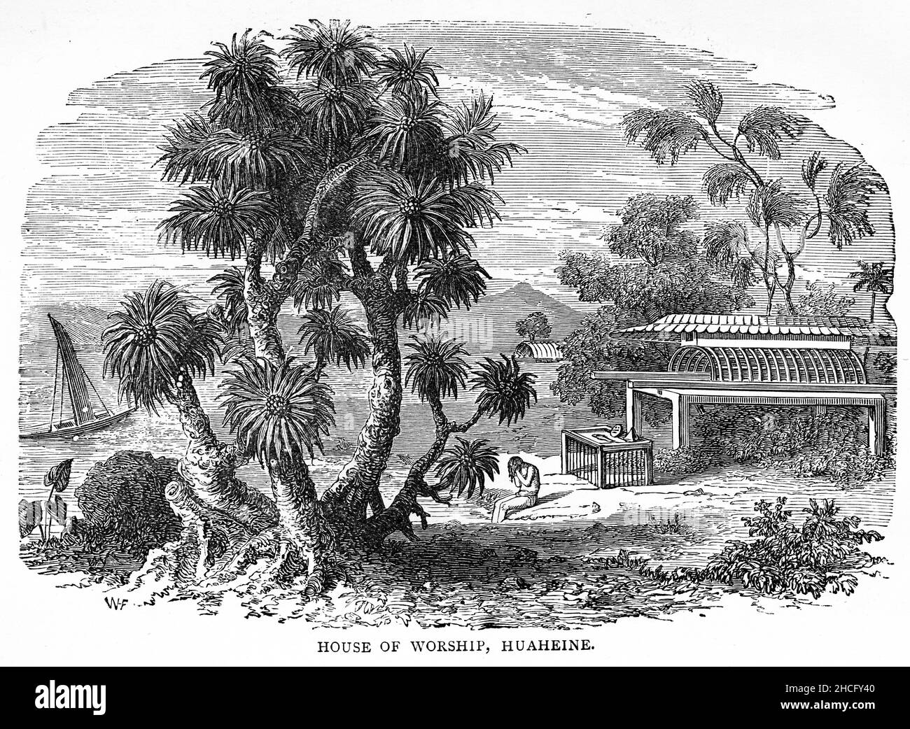 Vue d'une maison de culte à Huaheine, Tahiti, lors d'une des expéditions d'exploration de Cook à la fin de 1700s, publié vers 1900 Banque D'Images
