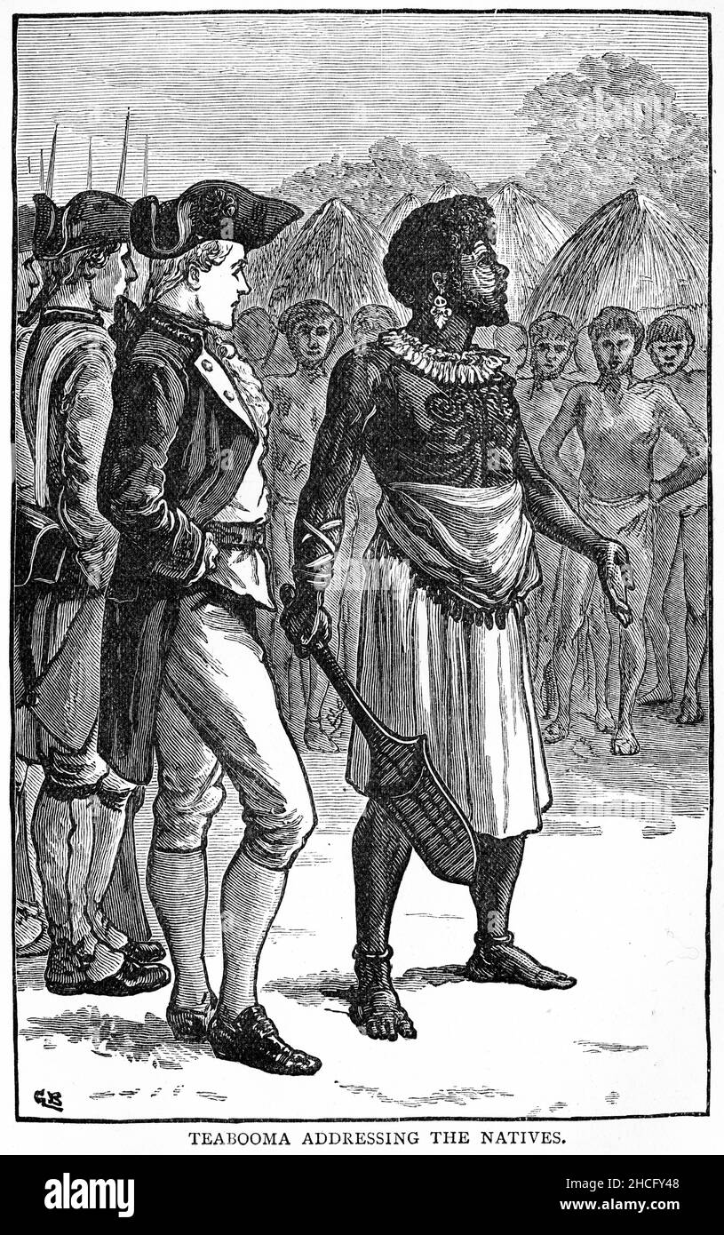 Teabooma s'adressant aux Tahitiens pour le capitaine Cook au cours d'une de leurs expéditions d'exploration à la fin de 1700s, publié vers 1900 Banque D'Images