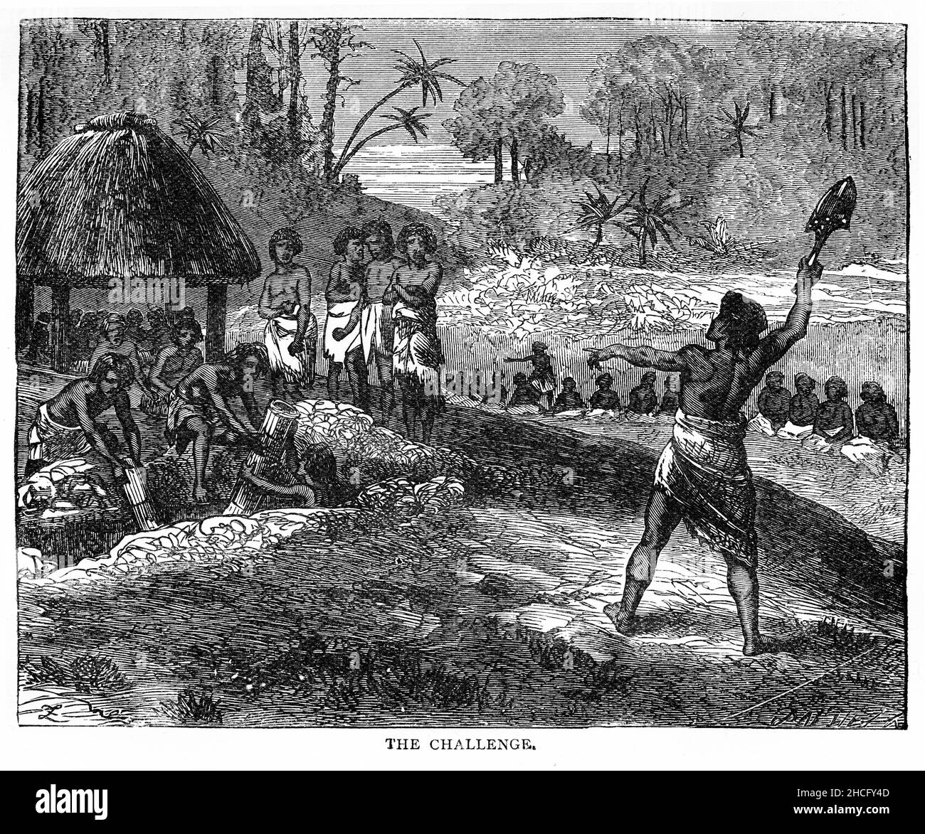 Vue d'un guerrier maori qui fait un défi pour entrer dans le territoire d'une autre tribu, typique de ceux vus pendant les expéditions d'exploration de Cook à la fin de 1700s, publié vers 1900 Banque D'Images