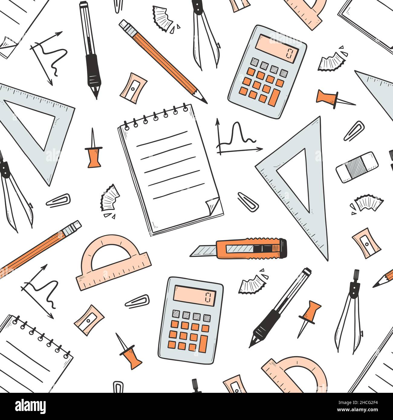 Motif sans couture avec papeterie pour l'école et le bureau.Croquis dessiné à la main du stylo, du crayon, du carnet et de la règle.Fond vectoriel avec des fournitures éducatives doodle, calculatrice, épingles, clips, couteau Illustration de Vecteur