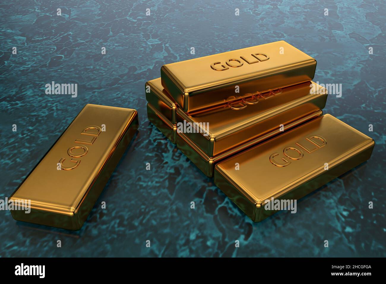 Barres dorées sur fond bleu-vert dans l'illustration 3D.Grande quantité d'or en réserve Banque D'Images