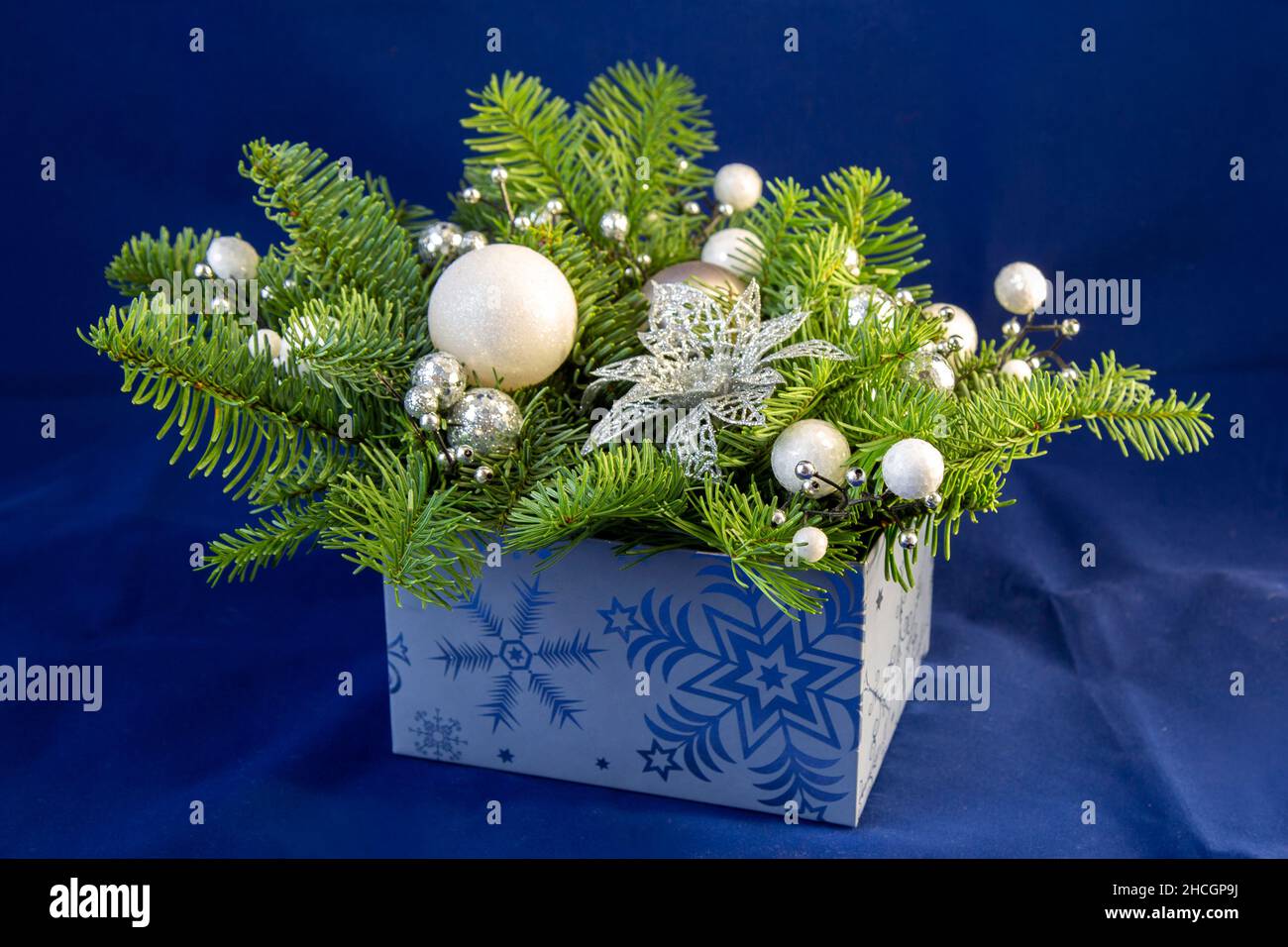 Nouvel an de vacances arbre à feuilles persistantes, Noël.Branches de sapin décorées de cônes dans une boîte Banque D'Images