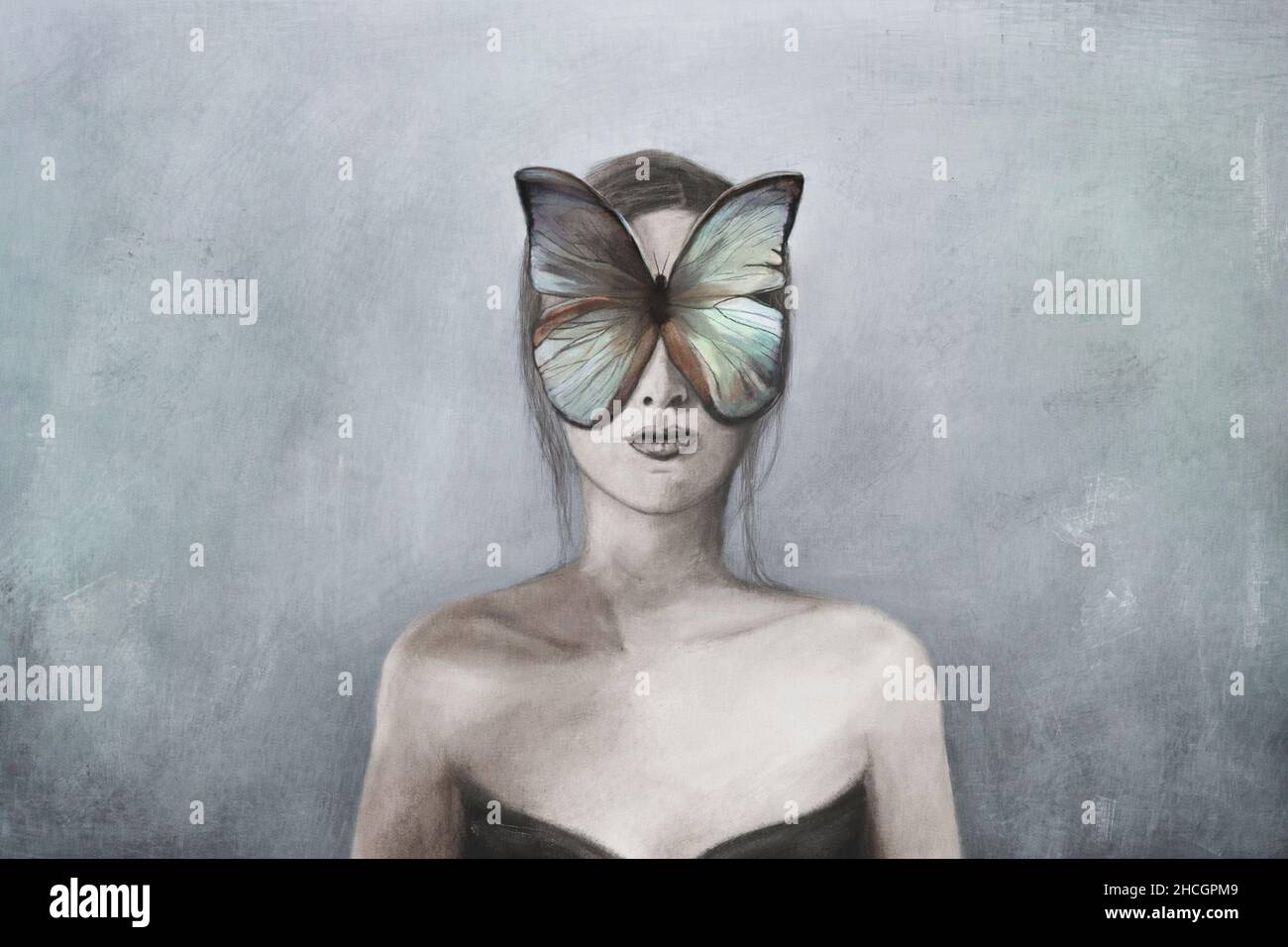 visage surréaliste d'une femme recouvert d'un papillon coloré Banque D'Images