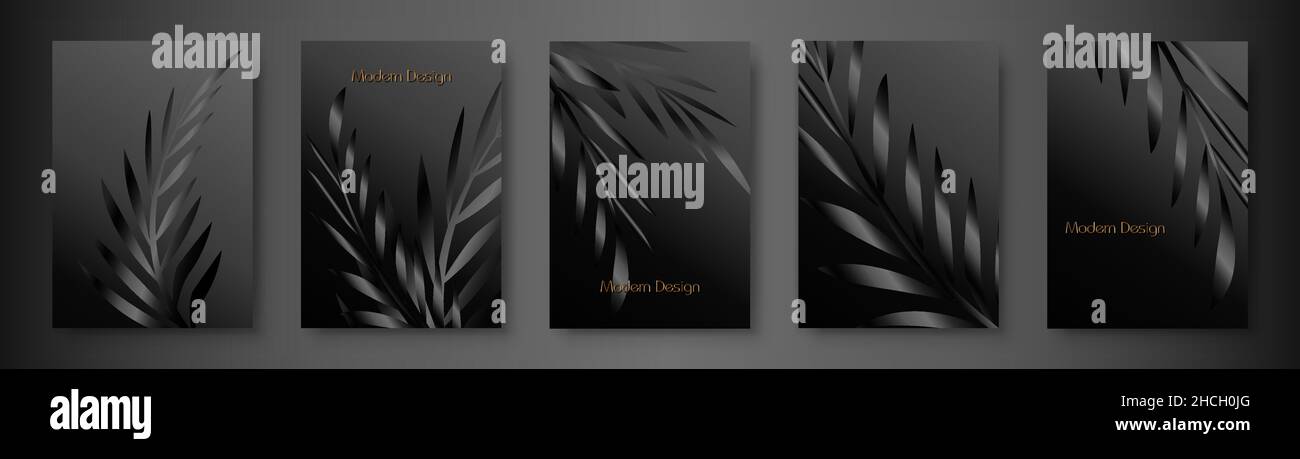Ensemble de couverture tropicale avec branches de palmier, imprimé feuilles noires sur fond dégradé foncé.Motif exotique noir et or pour fleurs vectorielles Illustration de Vecteur