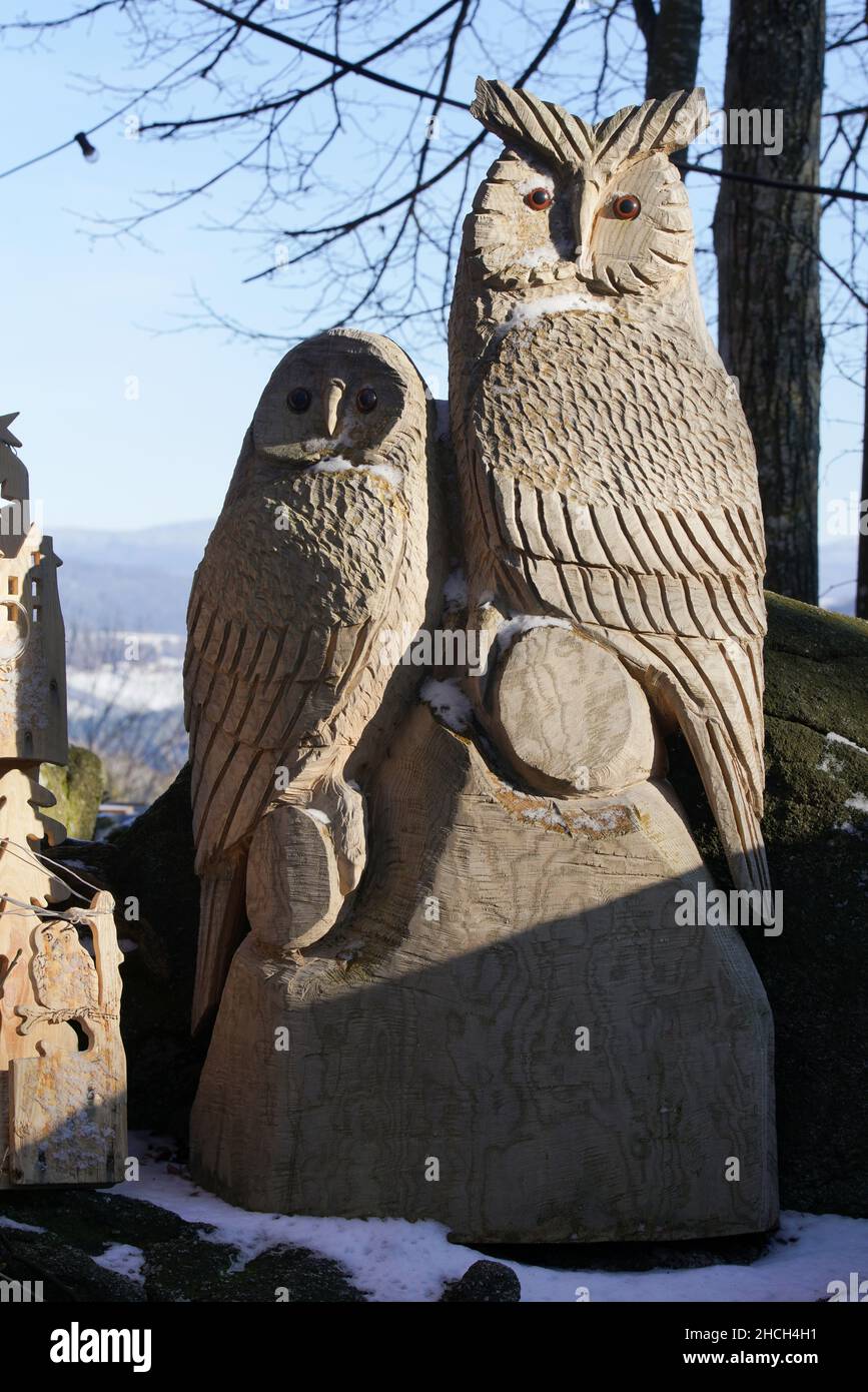Eulenpaar als Holzfigur BEI einem Aussichtsturm im Bayrischen Wald Banque D'Images