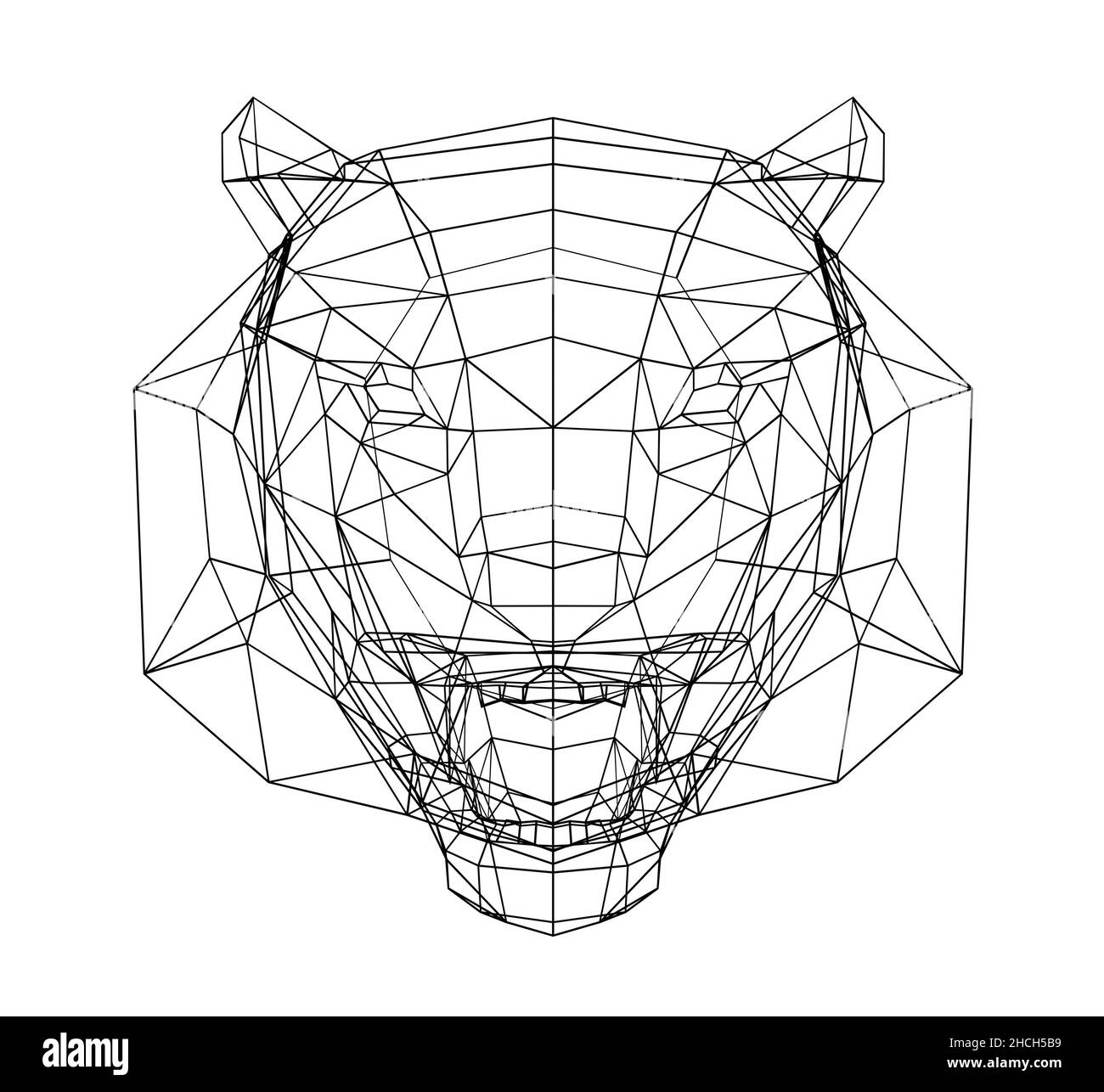 Tête plate en polytigre en mode filaire sur toute la face, tigre d'esquisse, rendu 3D Banque D'Images