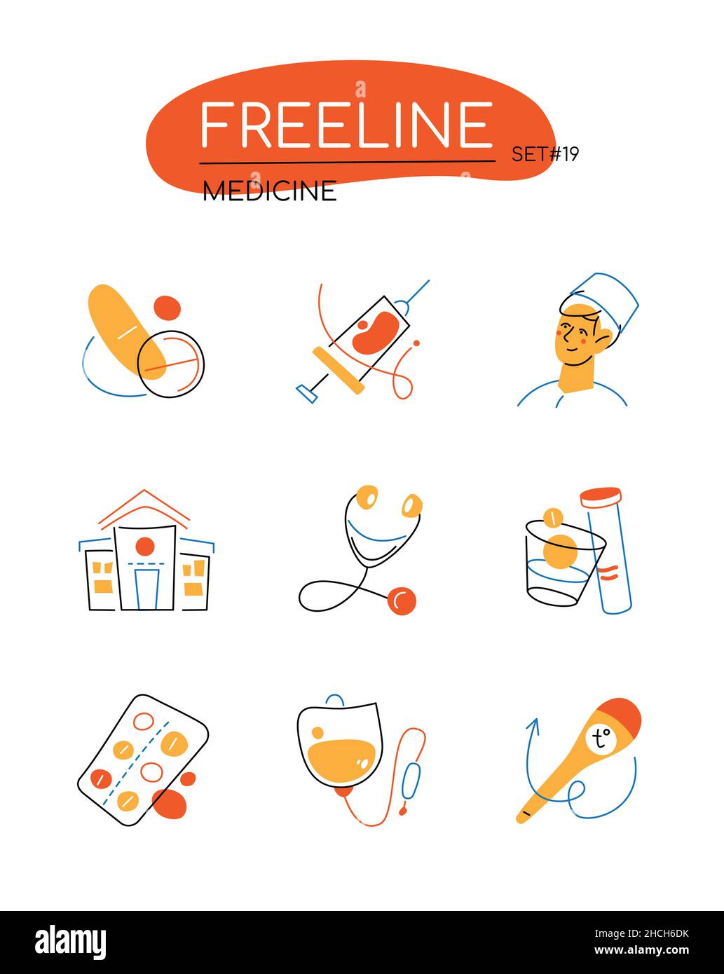 Médecine - icônes de style moderne de design de ligne de couleur orange.Prescrire des pilules, le médecin donne une injection, hôpital, examen, stéthoscope, pilules, Illustration de Vecteur