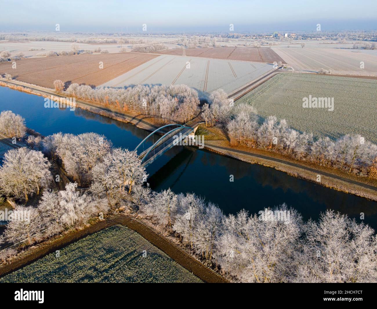 Tir de drone, haies, arbres sur le canal Mittelland, Berkum, district de peine, Basse-Saxe, Allemagne Banque D'Images