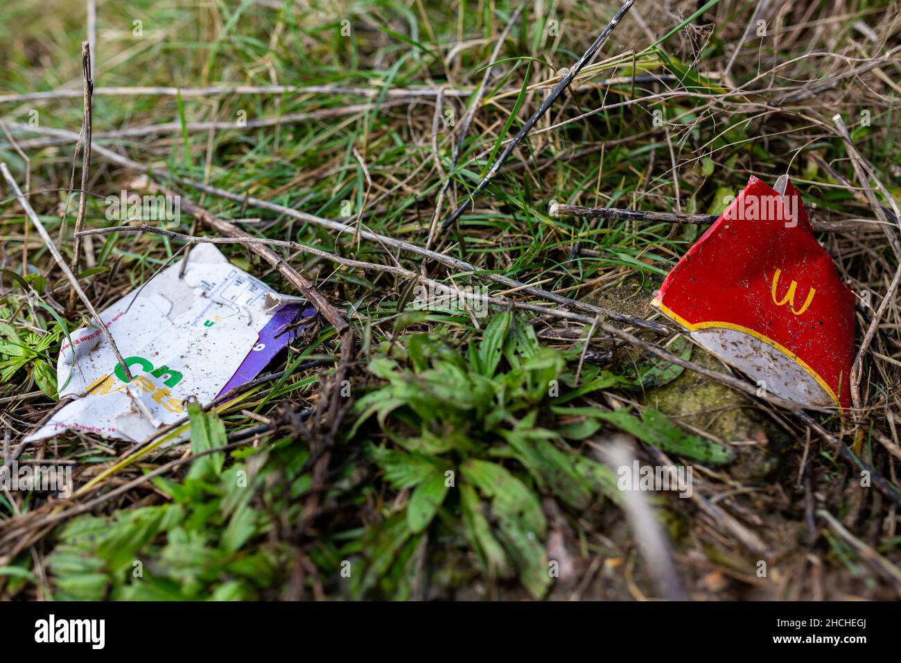 Bawdsey, Suffolk, Royaume-Uni janvier 06 2021 : déchets de litière et de déchets dans un endroit de beauté local près d'une plage.Litière, environnement, plage propre concep Banque D'Images