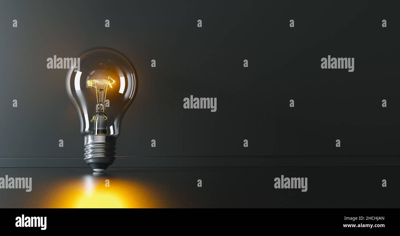 Ampoule lumineuse penchée contre un mur, concept de créativité, d'innovation et de solution, espace de copie pour votre texte individuel. Banque D'Images