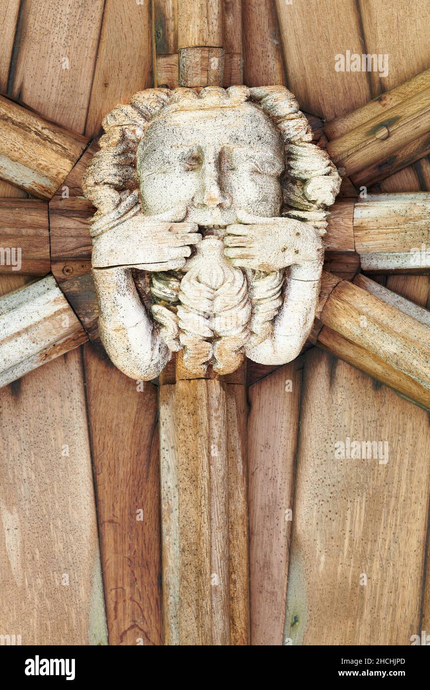 Patron sculpté d'une tête sur le plafond en bois au-dessus de la passerelle couverte dans le cloître de la cathédrale de Lincoln, Angleterre. Banque D'Images