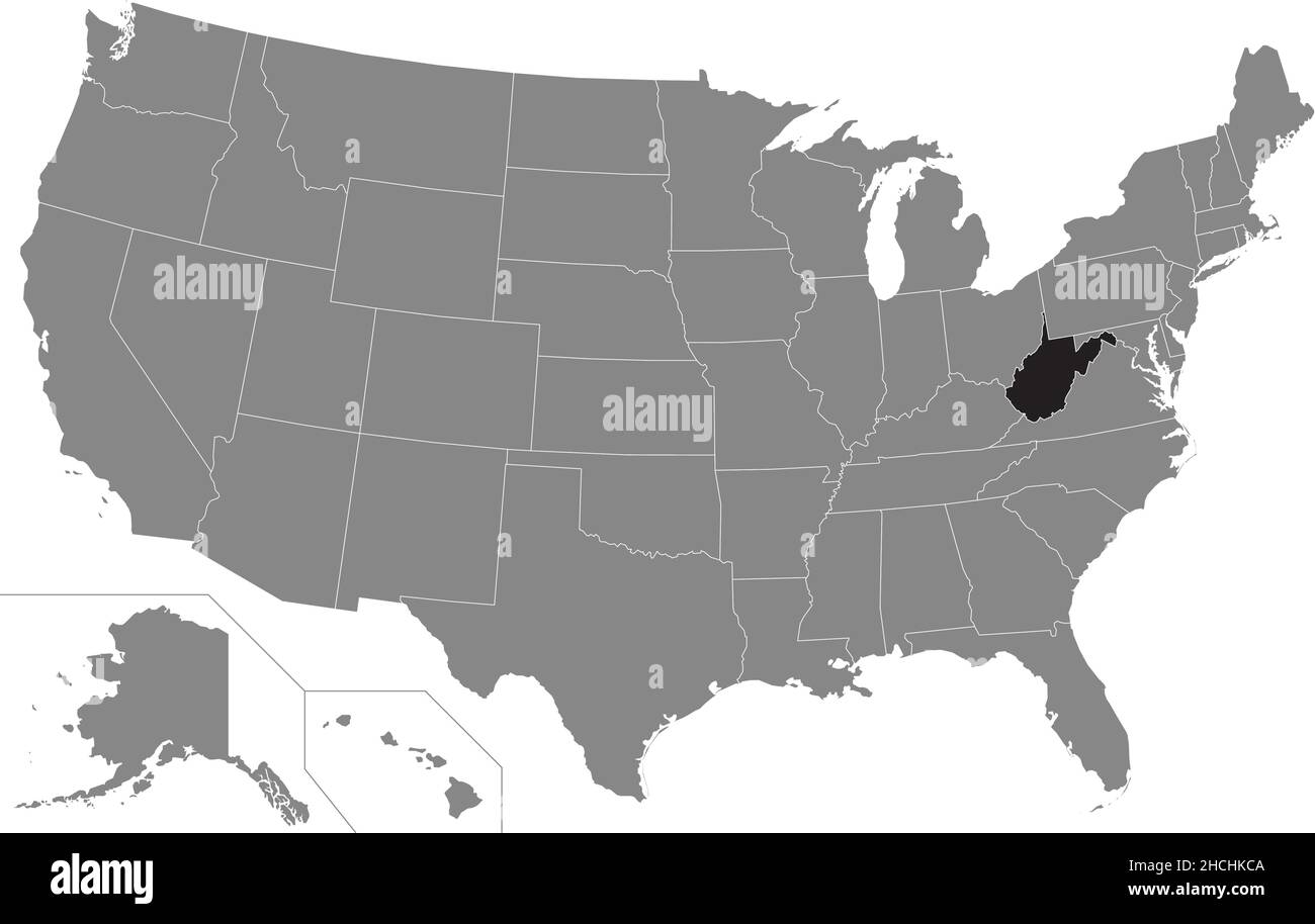 Carte administrative de l'État fédéral américain de la Virginie-Occidentale en noir à l'intérieur de la carte grise des États-Unis d'Amérique Illustration de Vecteur