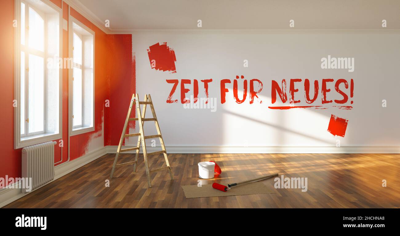 Zeit für neues (slogan allemand pour:(temps pour quelque chose de nouveau ) écrit sur le mur avec de la peinture fraîche, mur de peinture rouge dans la chambre d'un appartement avec échelle et Banque D'Images