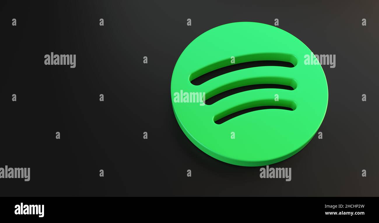 Logo Spotify pour sites Web, applications mobiles, bannières, imprimé sur fond en plastique noir foncé.Spotify est un service de diffusion audio en ligne. Banque D'Images