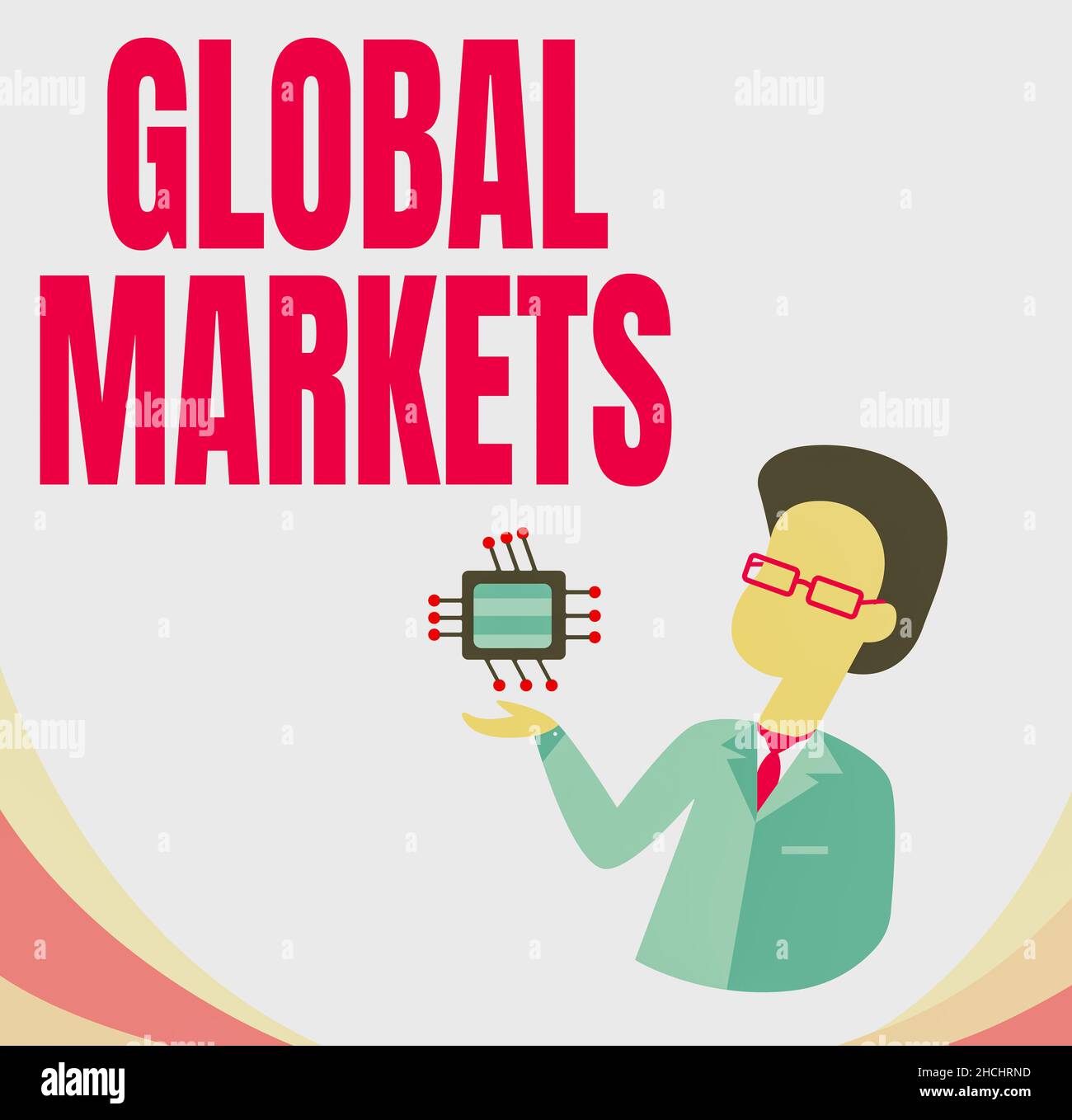 Légende du texte présentant les marchés mondiaux.Aperçu des affaires Commerce de biens et de services dans tous les pays du monde Man Drawing Standing et Banque D'Images