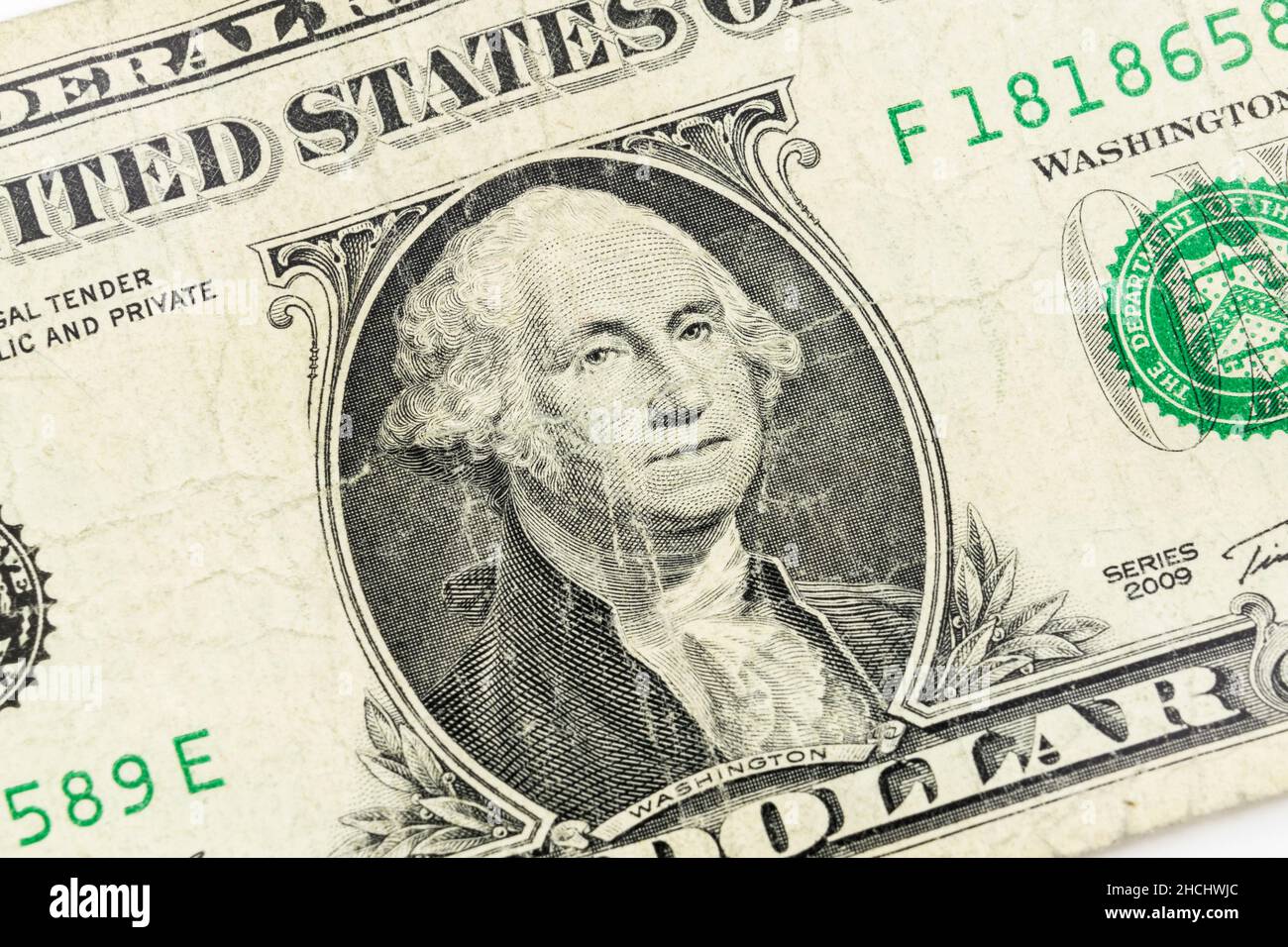 Gros plan de George Washington sur le vieux billet d'un dollar américain usé. Banque D'Images