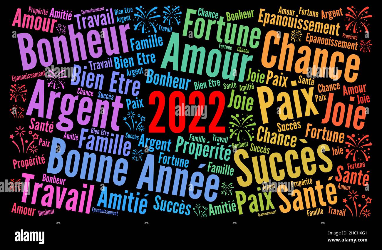 Bonne année 2022 mots en français Banque D'Images