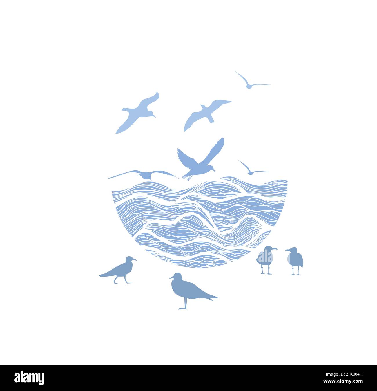 Conception abstraite du logo de l'océan avec vagues et mouettes.Illustration vectorielle Illustration de Vecteur