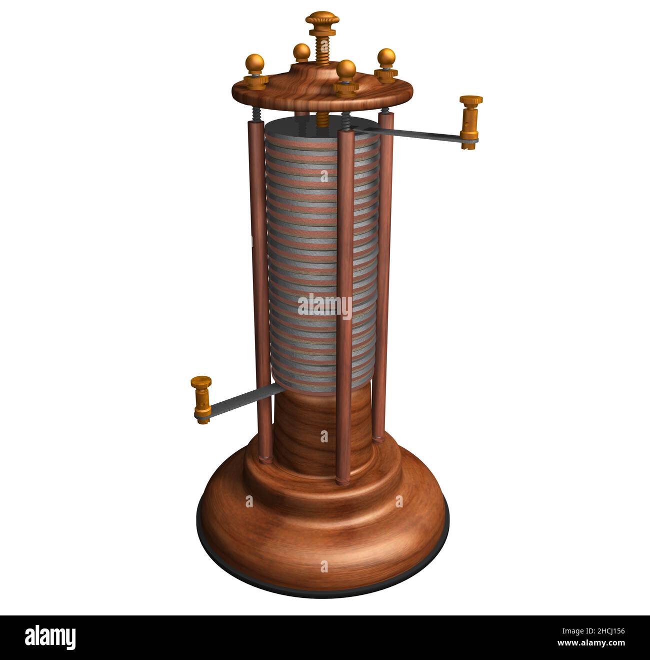 D rendu Illustration d'un tas ou d'une batterie conçu, inventé et créé par Alessandro Volta au XVIII siècle. Banque D'Images D rendu Illustration d'un tas ou d'une batterie conçu, inventé et créé par Alessandro Volta au XVIII siècle. Banque D'Images