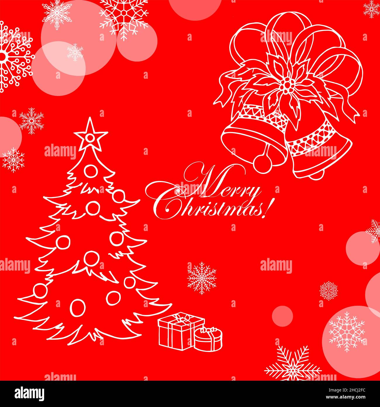 carte de noël avec cloches et sapin de noël, dessin blanc sur fond rouge Illustration de Vecteur