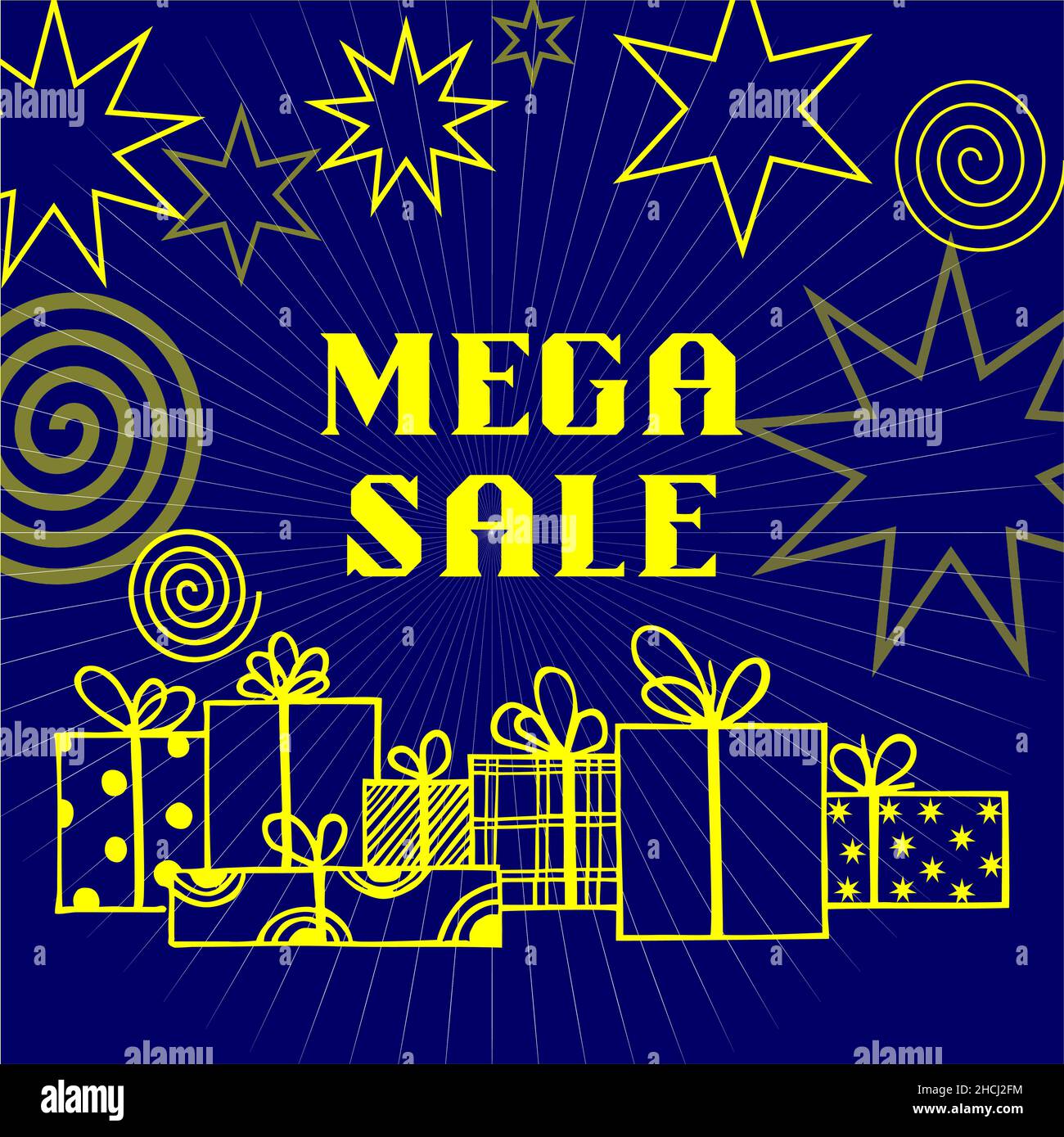 affiche promotionnelle méga solde, illustration jaune sur fond bleu Illustration de Vecteur