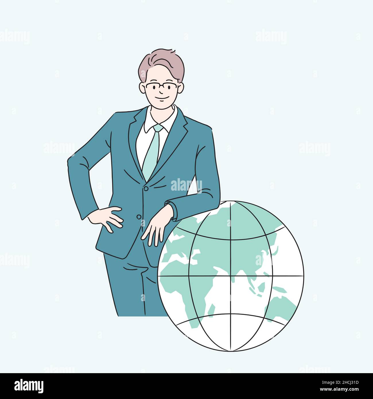 Homme d'affaires debout contre une carte du monde.Un dirigeant jeune et compétent.Vecteur métier de style de ligne, illustration Illustration de Vecteur
