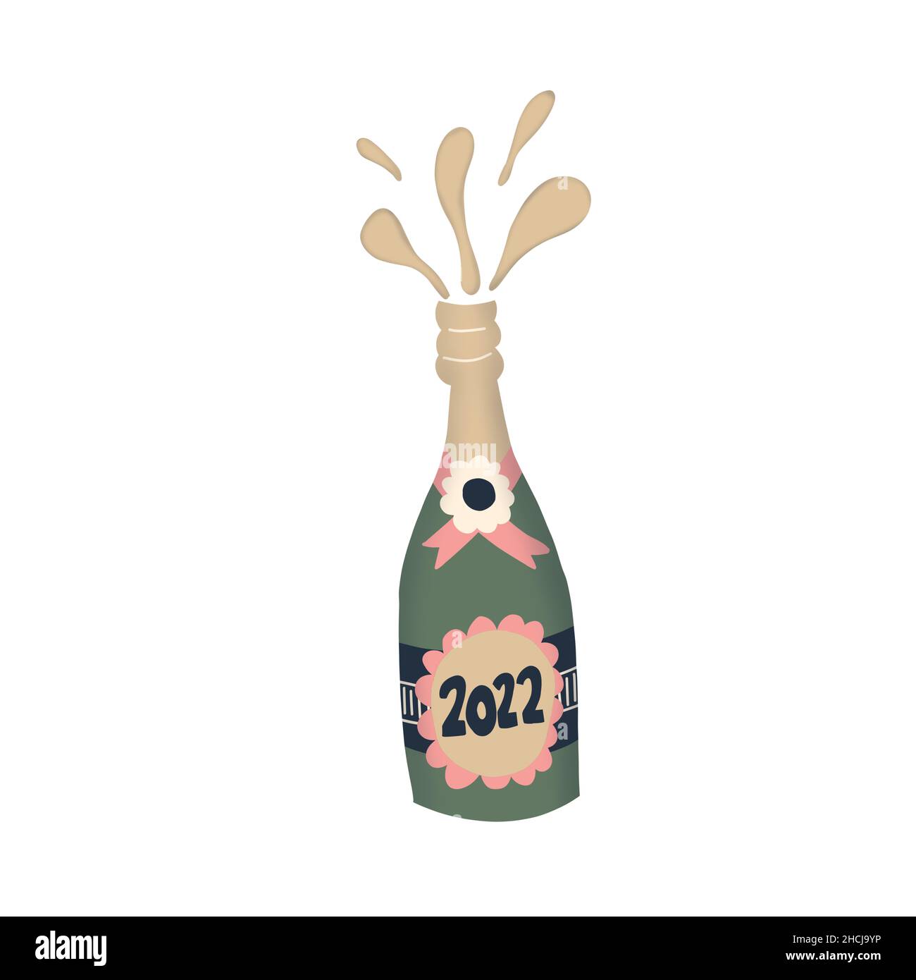 Thème du nouvel an 2022 avec une bouteille de champagne.Explosion bouteille de vin mousseux réveillon 2022 fête.Joli dessin de bouteille de champagne. Banque D'Images