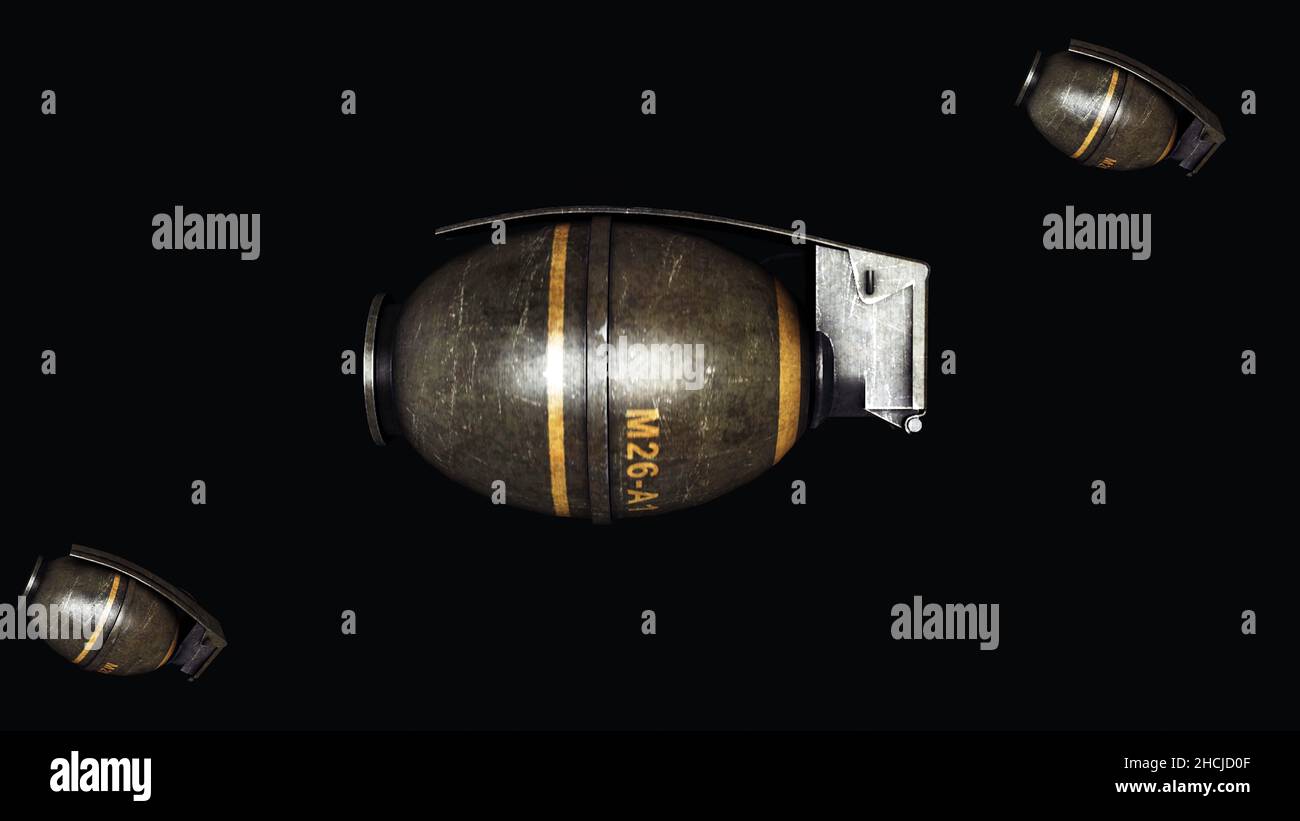 Grenade à main.Animation de la grenade sur fond noir.Grenade manuelle rotative isolée sur fond noir. Banque D'Images