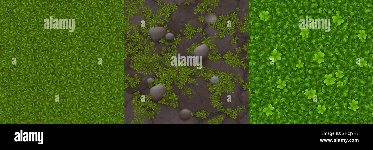 Textures de jeu de pelouse verte, herbe et pierres, prairie avec plantes de trèfle motifs sans couture vue du dessus.Arrière-plans naturels texturés du champ d'été, surface réaliste, interface graphique ou gui 3D couches vectorielles Illustration de Vecteur