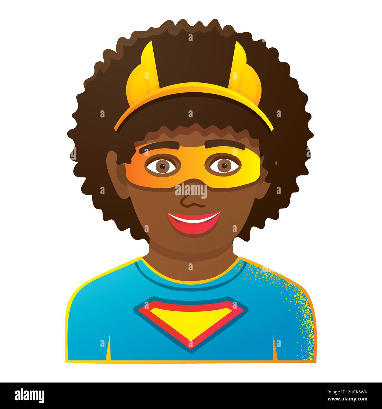 Enfant portant un costume coloré de Superhero.Fille ou garçon avec masque jaune.Isolé sur fond blanc.Illustration vectorielle.Icône avec visage amusant pour enfants. Illustration de Vecteur