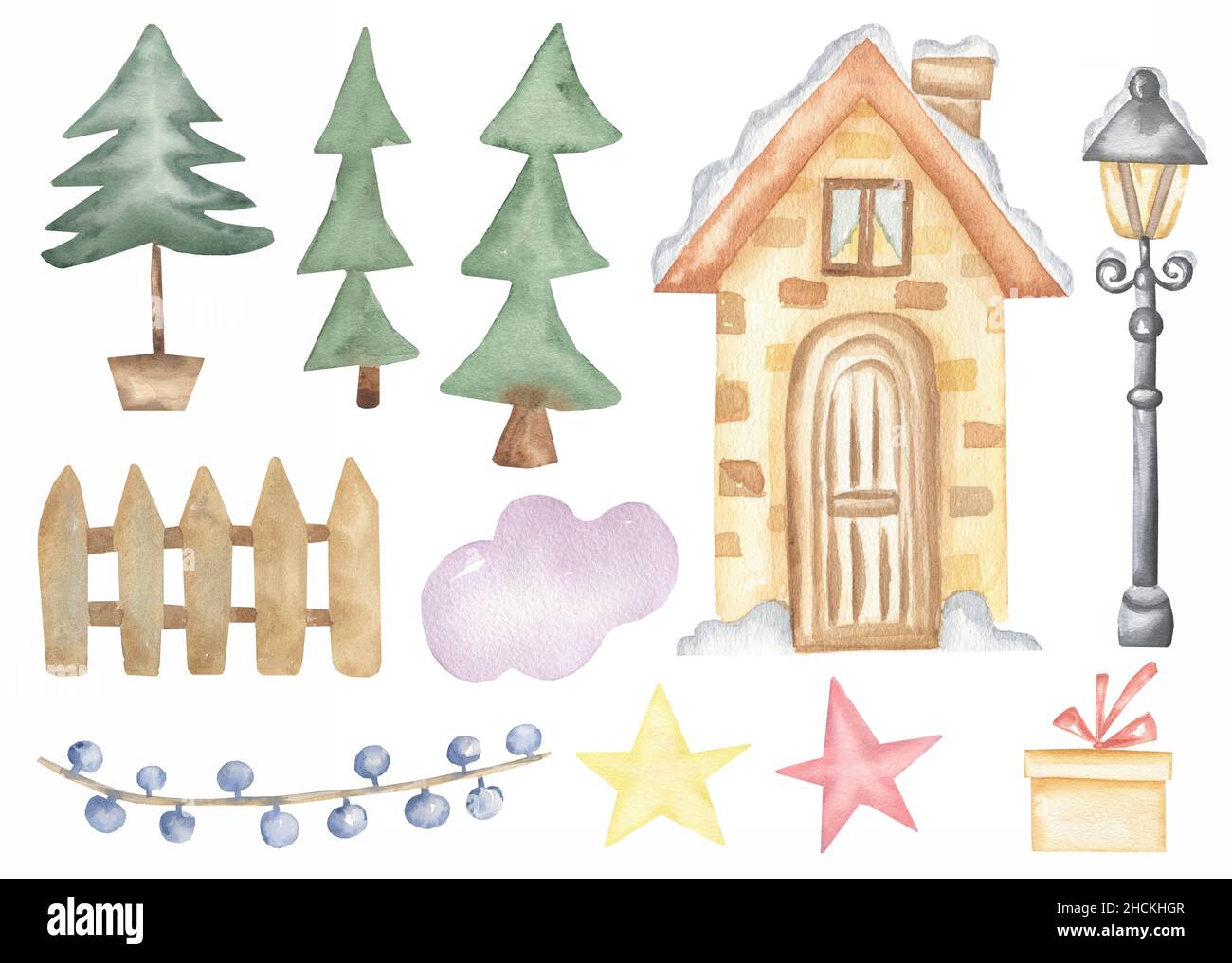 Ensemble de maison d'hiver Clipart, Watercolor Christmas Village Illustration, Fir Tree, Snowy Town, Cosy Street, Kids Holiday Cottage,Noël vintage Banque D'Images