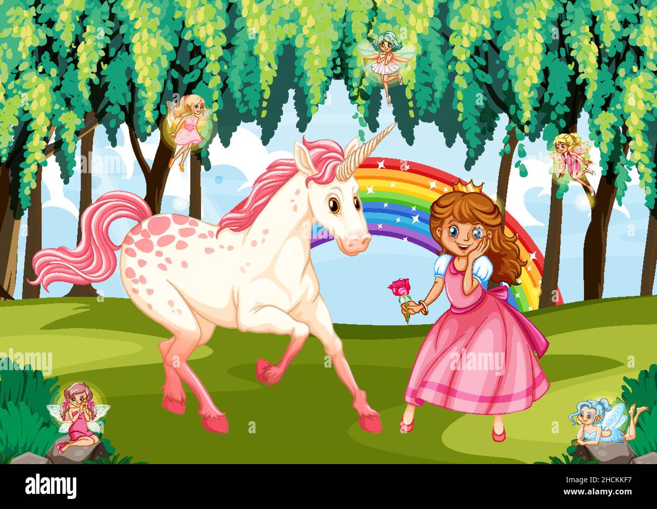 Princesse et licorne en arrière-plan de forêt enchantée Illustration de Vecteur