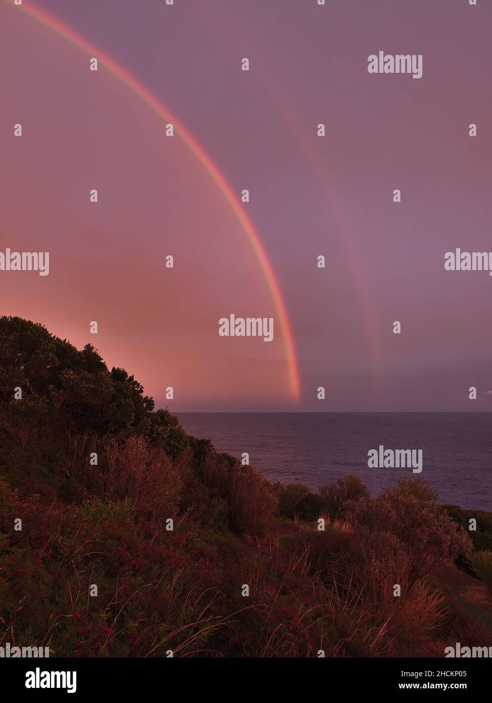 Vue imprenable sur le double arc-en-ciel de la côte méditerranéenne près de Saint-Raphaël sur la Côte d'Azur après le coucher du soleil avec ciel et plantes spectaculaires. Banque D'Images