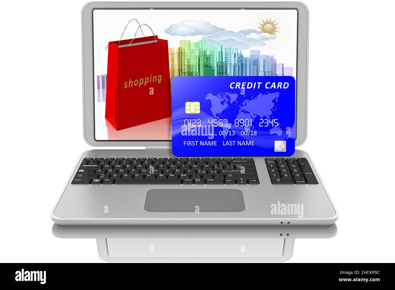 Illustration 3D. Paiement électronique. Ordinateur portable et carte de crédit comme symbole des paiements en ligne. Banque D'Images