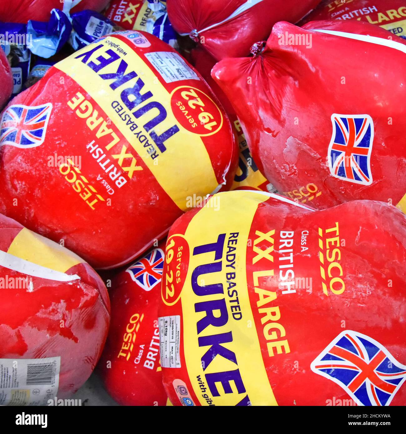 La Turquie congelés prêts d'oiseaux de grande taille XX badigeonnées de qualité britannique avec les abats en supermarché congélateur display cabinet en décembre pour Noël Nourriture UK Banque D'Images