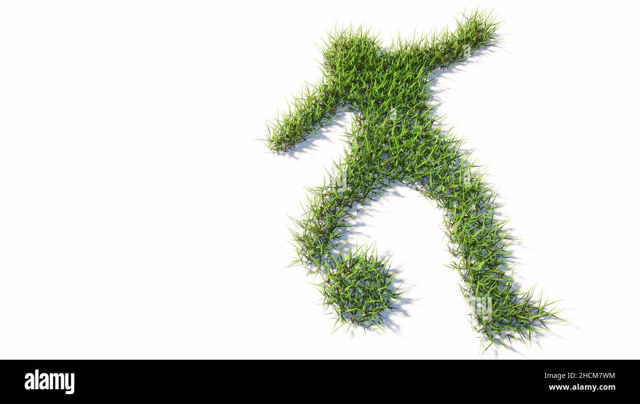 Concept ou conceptuel vert pelouse été symbole herbe forme isolé fond blanc, signe d'un joueur de football.3d métaphore de l'illustration pour le sport Banque D'Images