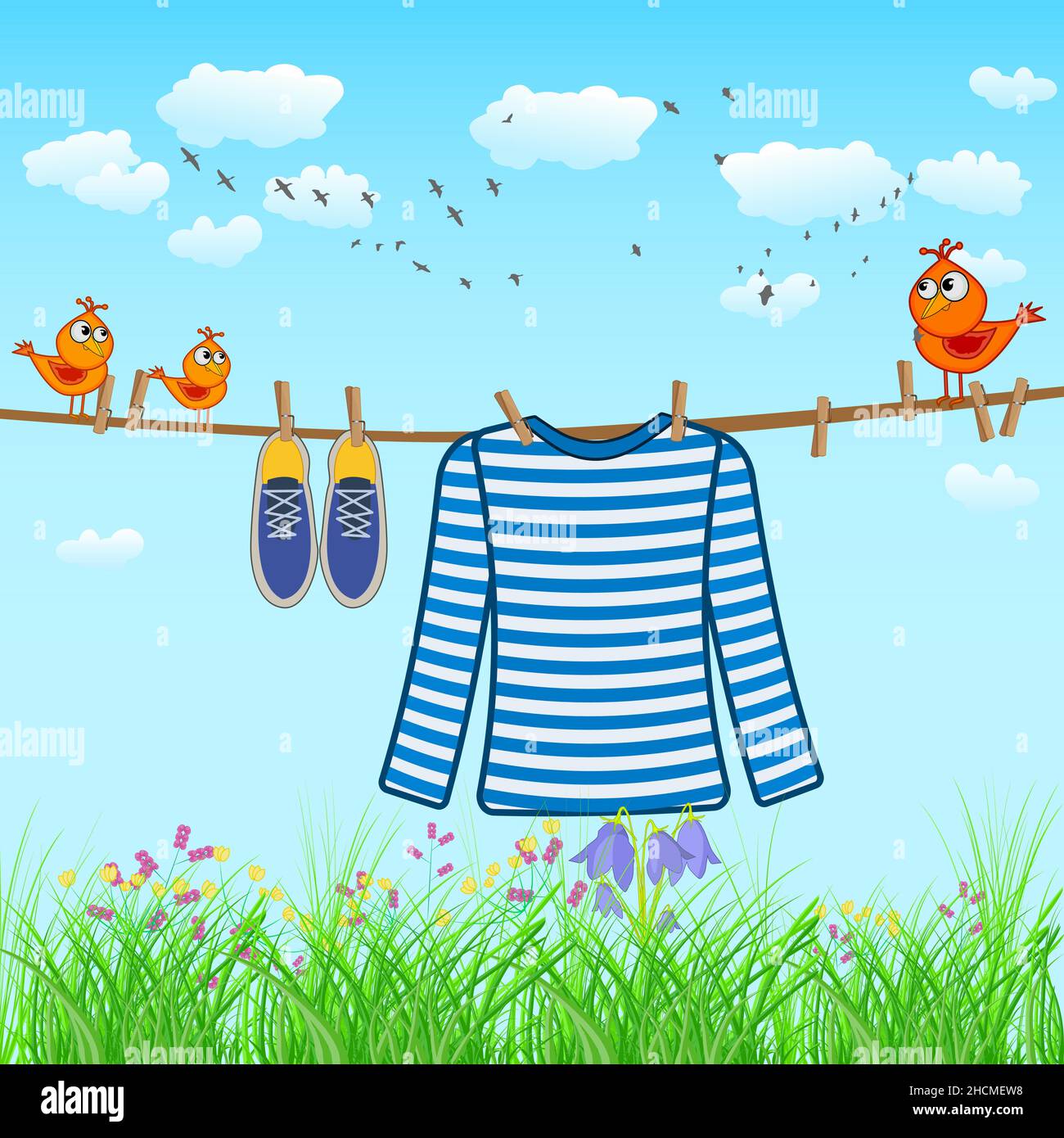 Une chemise rayée est accrochée à la corde sur fond de ciel et d'herbe.Linge sur la ligne de lavage.Chemise et chaussures séchant sur corde à linge avec des épingles à linge et des oiseaux. Illustration de Vecteur