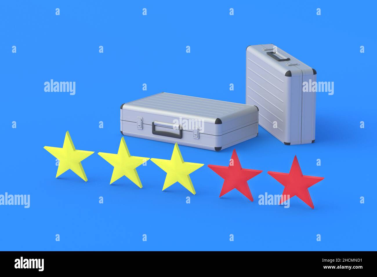 Valises en métal près de trois étoiles jaunes et deux étoiles rouges.Mauvaise notation du portefeuille des investisseurs.Rétroaction négative sur l'employeur.3d rendu Banque D'Images