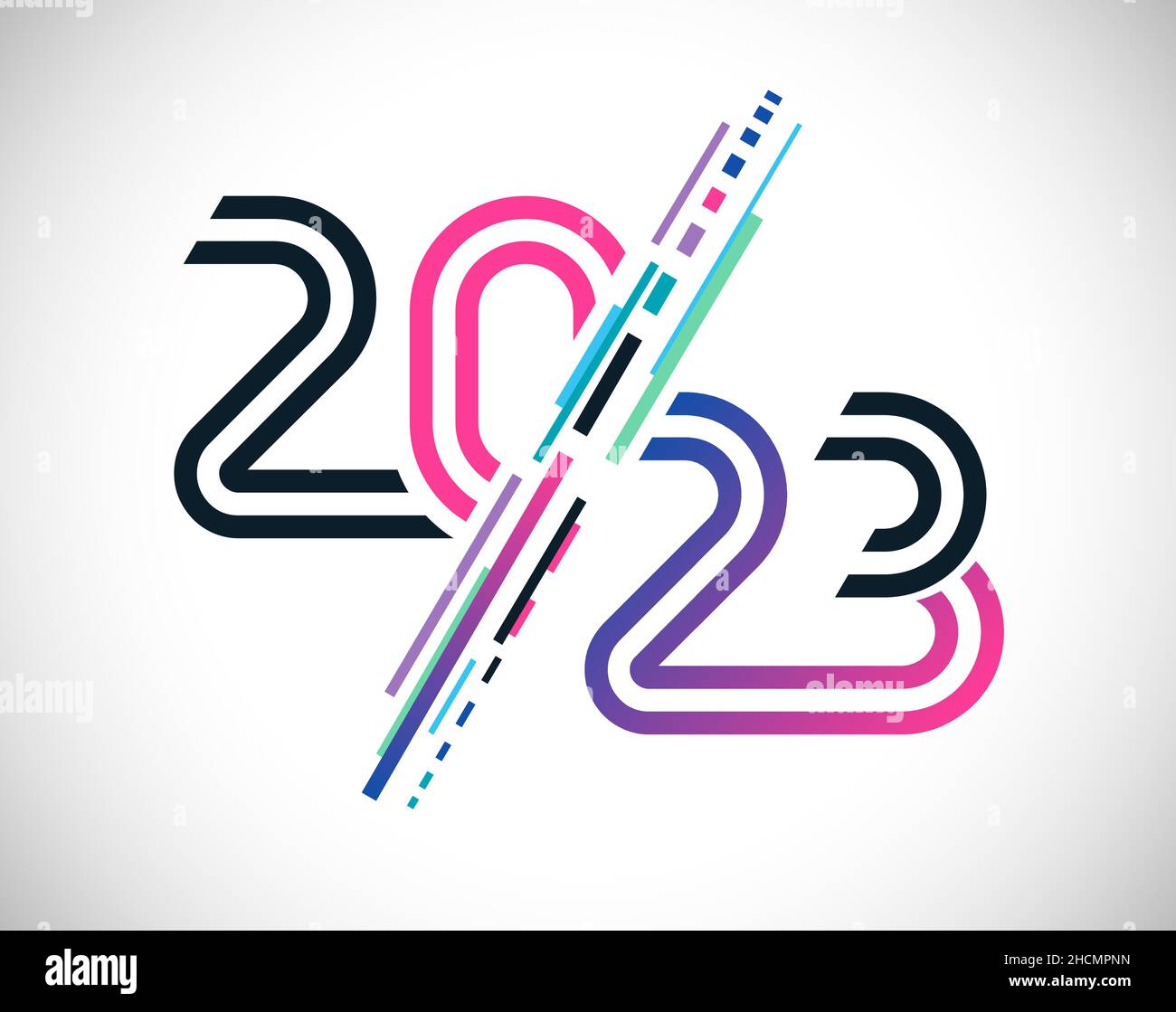 Une bonne année 2023 félicitations.Concept de logotype créatif.Lignes colorées, style artistique dynamique.Couleurs rose, bleu et noir.Graphique abstrait isolé Illustration de Vecteur