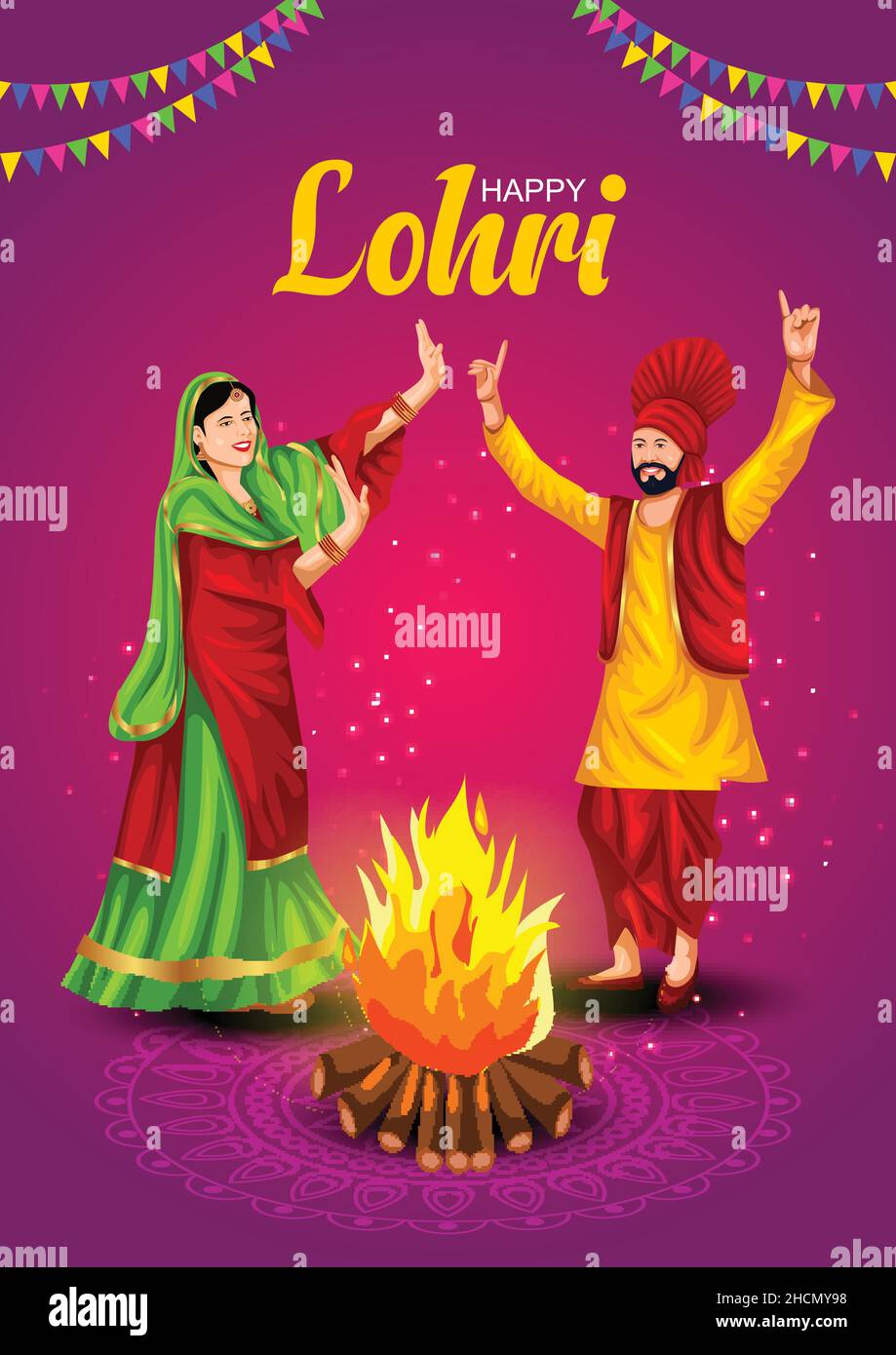 Happy Lohri festival de Punjab Inde fond. Illustration vectorielle de couple jouant la danse lohri. Illustration de Vecteur