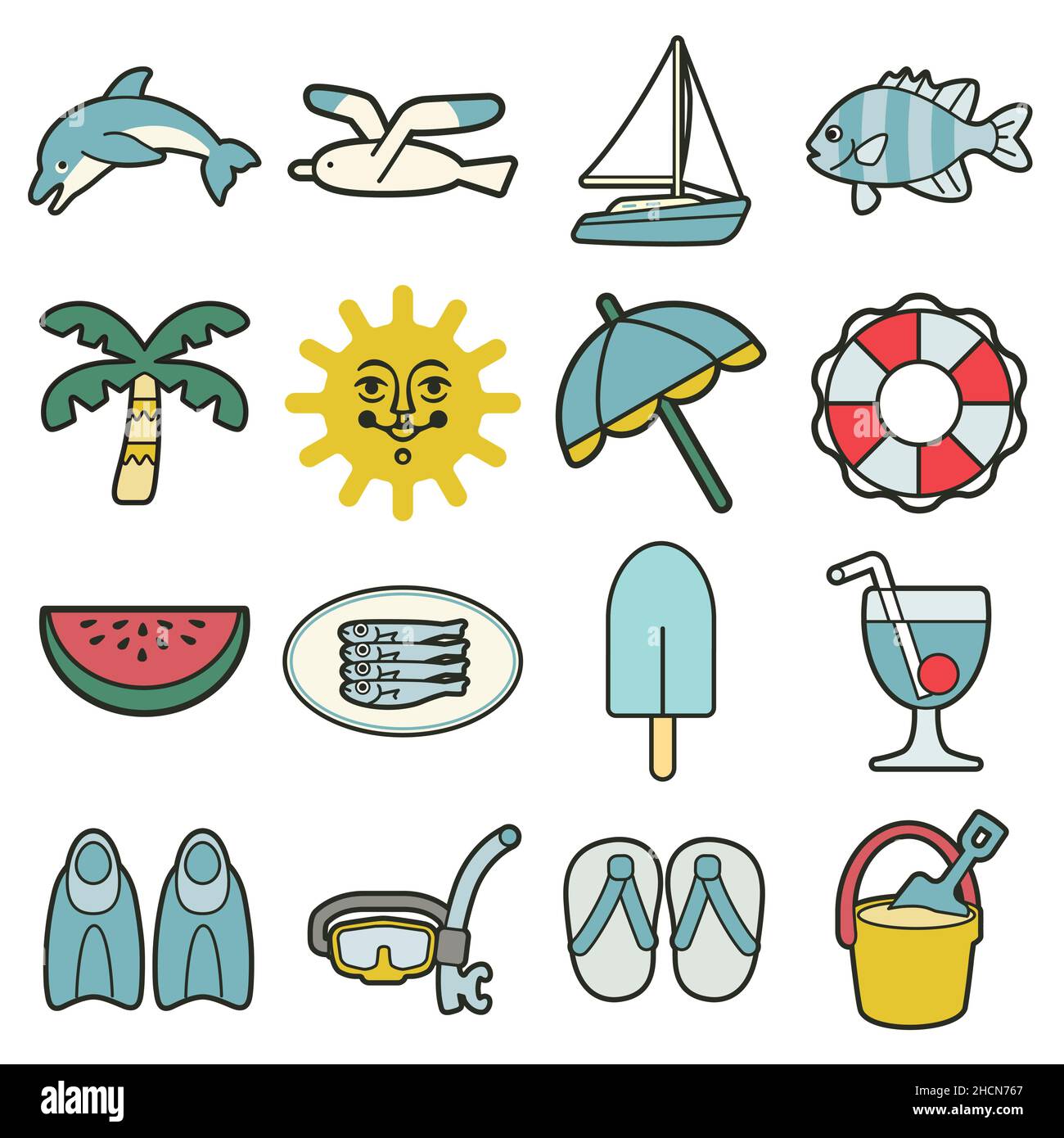 icônes simples de vacances en mer d'été Illustration de Vecteur