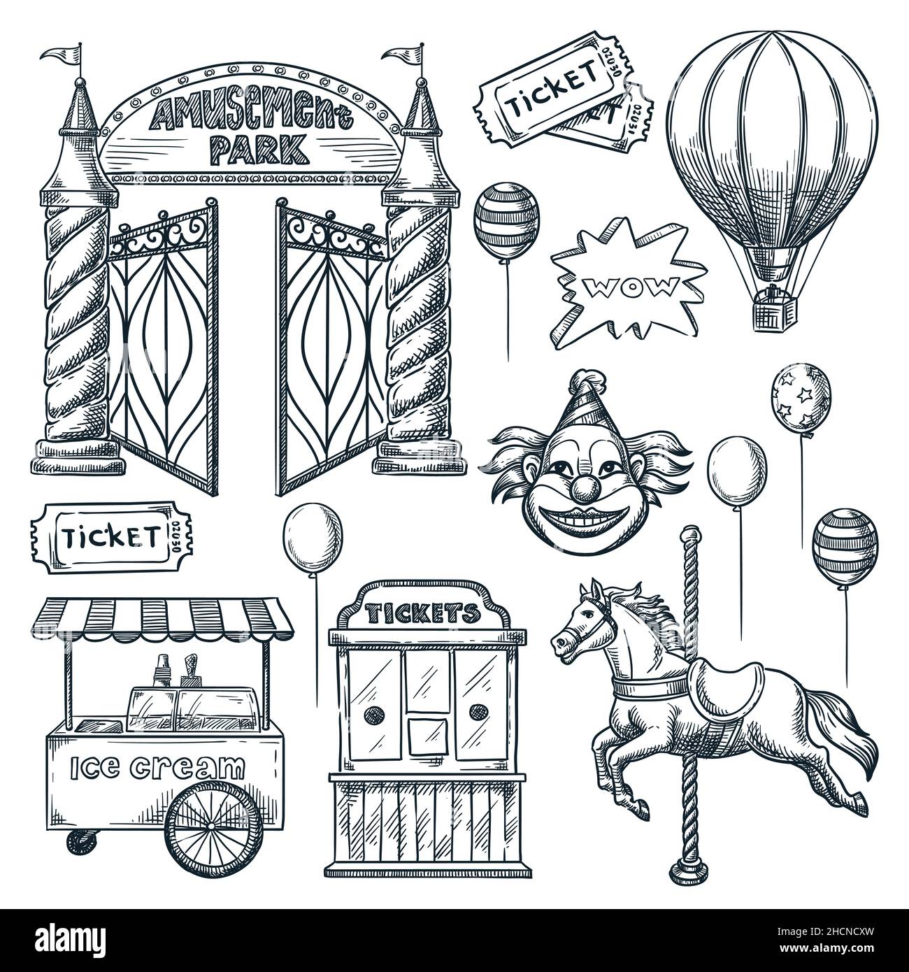 Collection d'éléments de conception de parc d'attractions.Illustration d'esquisse vectorielle dessinée à la main.Portes d'entrée, billetterie, élément de carrousel à cheval, voiture de glace Illustration de Vecteur