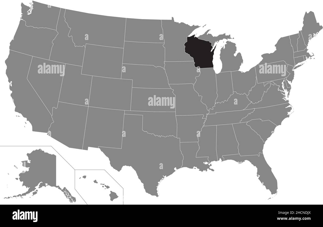 Carte administrative de l'État fédéral du Wisconsin en noir à l'intérieur de la carte grise des États-Unis d'Amérique Illustration de Vecteur
