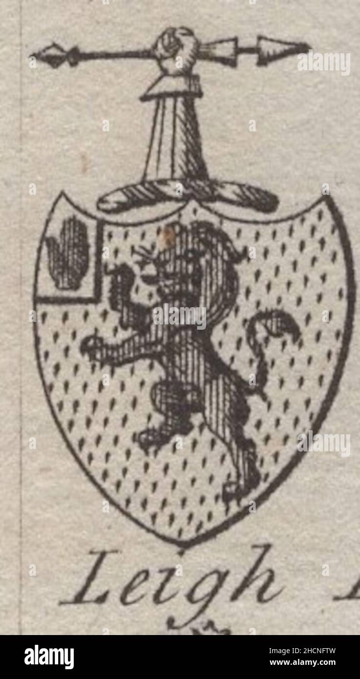 Antique gravure de 18th siècles heraldy armoiries, Baronet anglais de Leigh par Woodman & Mutlow fc russel co vers 1780s Source: Gravures originales du livre annuel almanach. Banque D'Images