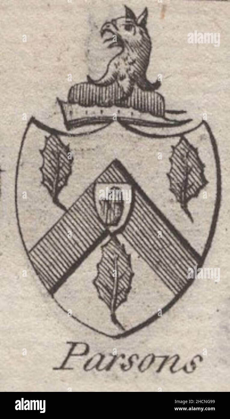 Antique gravure de 18th siècles heraldy armoiries, Baronet anglais de Parsons par Woodman & Mutlow fc russel co vers 1780s Source: Gravures originales du livre annuel almanach. Banque D'Images