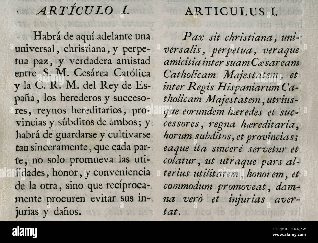 Traité de Vienne (1725).Traité de paix entre le roi Philippe V et Charles VI, empereur romain.Conclu à Vienne le 30 avril 1725 et ratifié par Philip V à San Ildefonso le 26 mai de cette année.Philip V a signé le traité par l'intermédiaire du baron de Ripperdá.Par ce traité, Charles VI (archiduc Charles) a renoncé à ses revendications à la Couronne d'Espagne, reconnaissant Philippe V comme monarque.L'Espagne, pour sa part, reconnaissait la souveraineté autrichienne sur les anciens pays-Bas espagnols et les territoires de Milan, Naples et Sicile.Article I. Recueil des traités de paix, d'alliance et de commerce ajusté par le C Banque D'Images